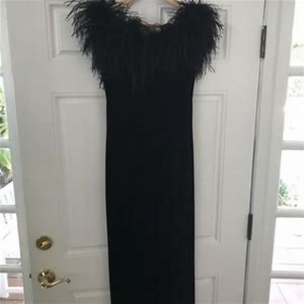 Bari Jay Black Velvet Dress w/ Natural Feathers